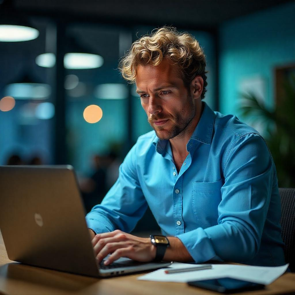 Lockenhaariger Mann im blaue Hemd am Arbeitsplatz mit Notebook