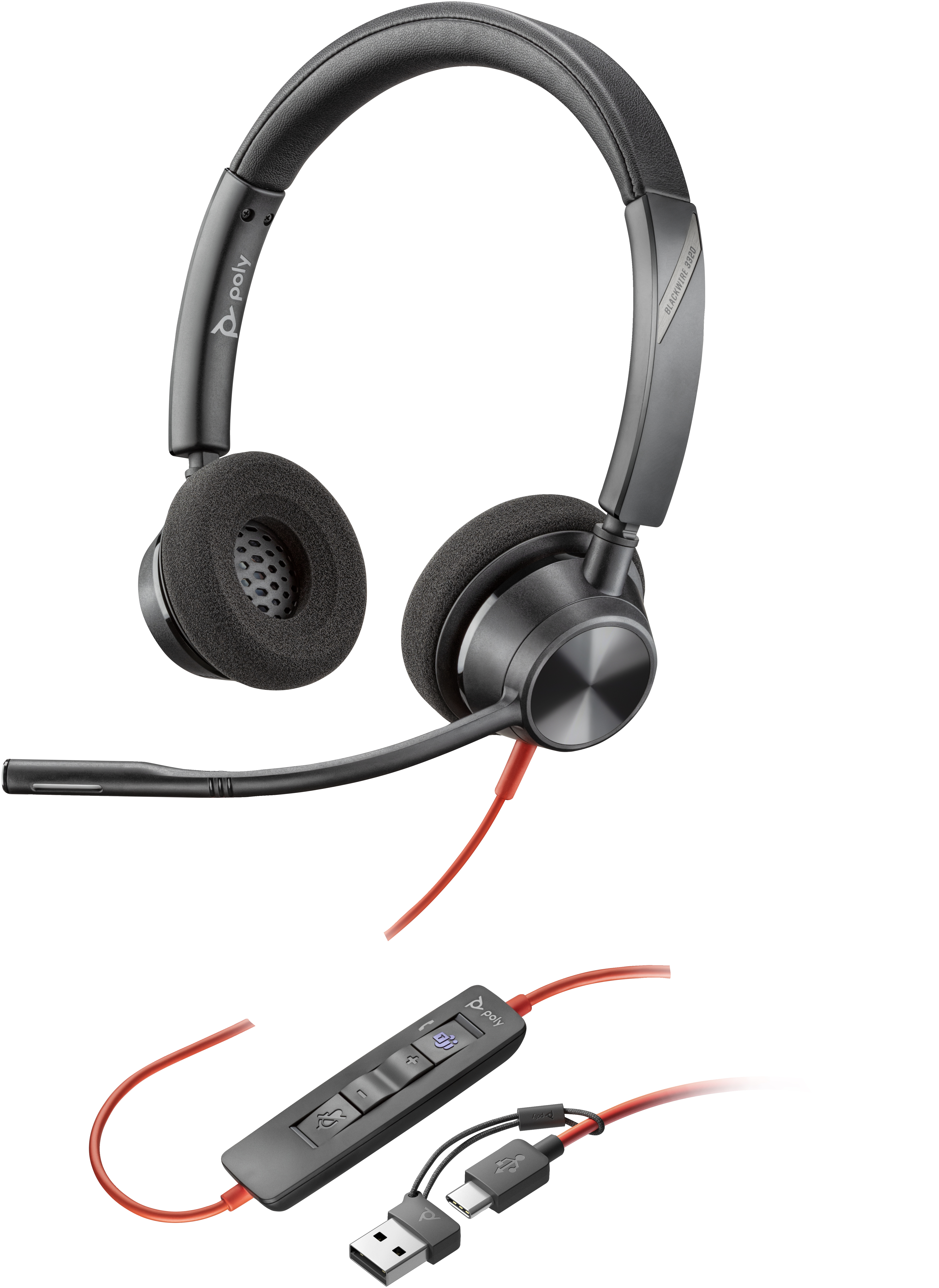 Poly HP Poly Blackwire 3320 USB-C Stereo-Headset, für Microsoft Teams zertifiziert, + USB-C/A-Adapter, Kabelgebunden, 20 - 20000 Hz, 131 g, Kopfhörer, Schwarz
