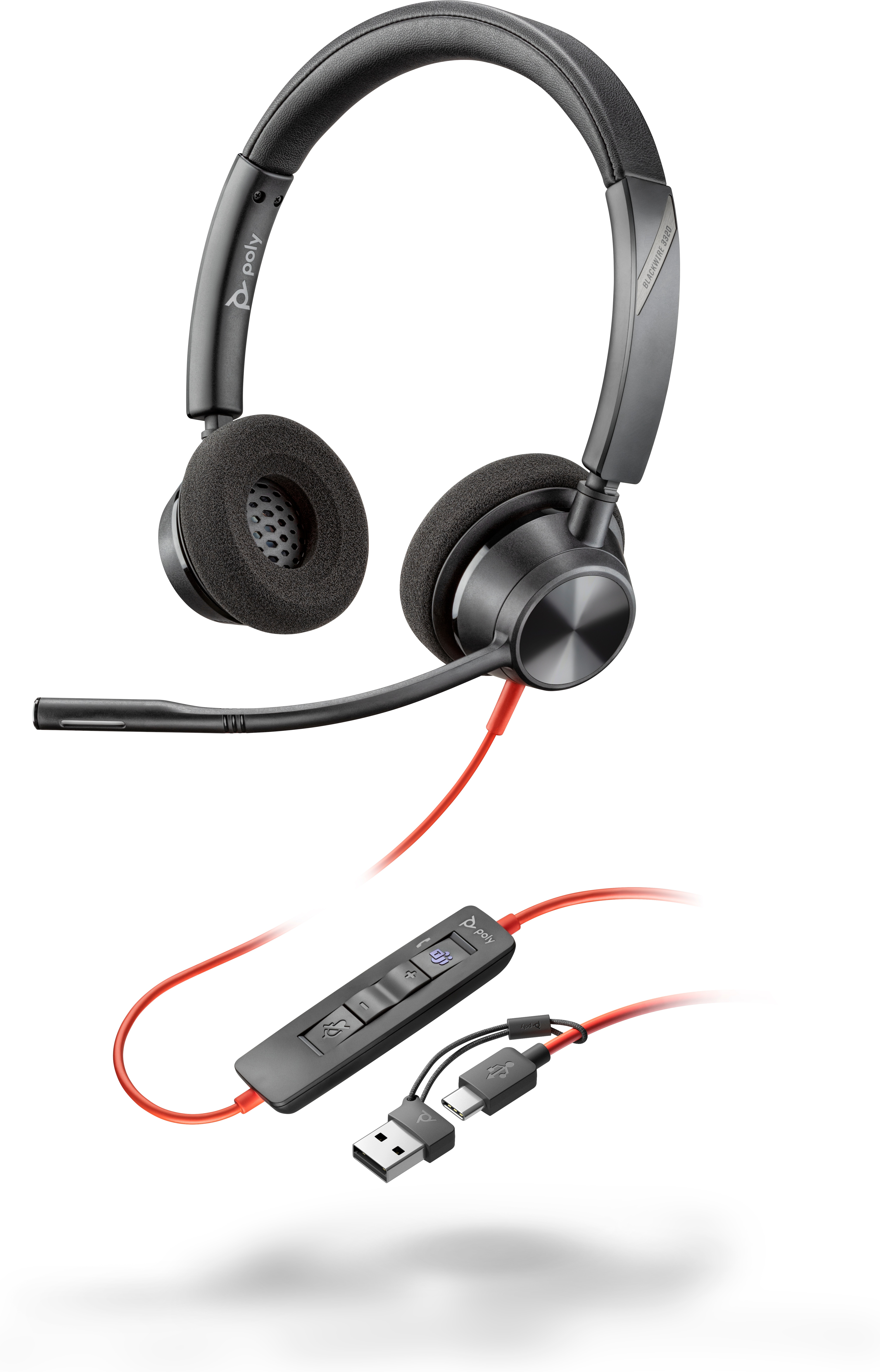 Poly HP Poly Blackwire 3320 USB-C Stereo-Headset, für Microsoft Teams zertifiziert, + USB-C/A-Adapter, Kabelgebunden, 20 - 20000 Hz, 131 g, Kopfhörer, Schwarz