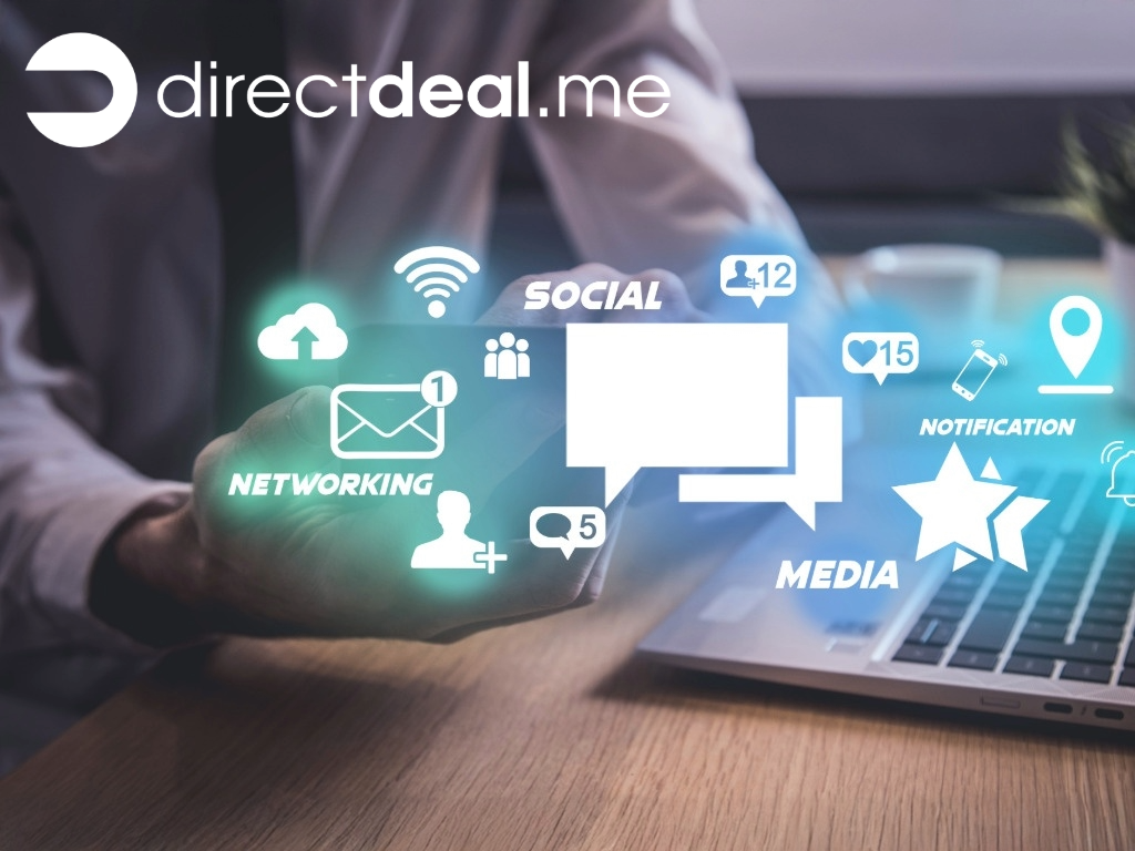Banner mit directdeal.me logo und leuchtende icons
